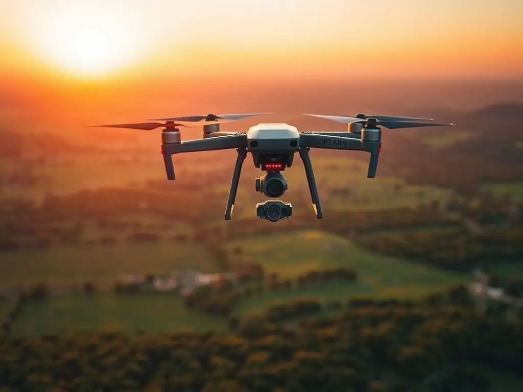 A high-resolution aerial image of a drone equipped with thermal imaging cameras flying over a dense forest during a search and rescue operation. The drone is capturing detailed thermal signatures, aiding in the detection of missing persons.
