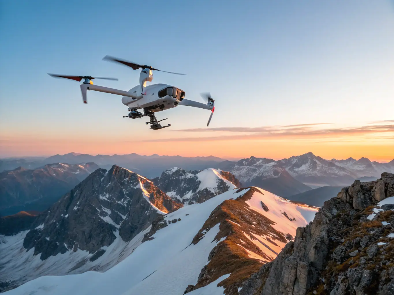 An image of a drone hovering over a rugged mountain terrain, using its high-resolution camera to scan for signs of a lost hiker. The drone's GPS capabilities ensure accurate mapping and navigation in challenging environments.