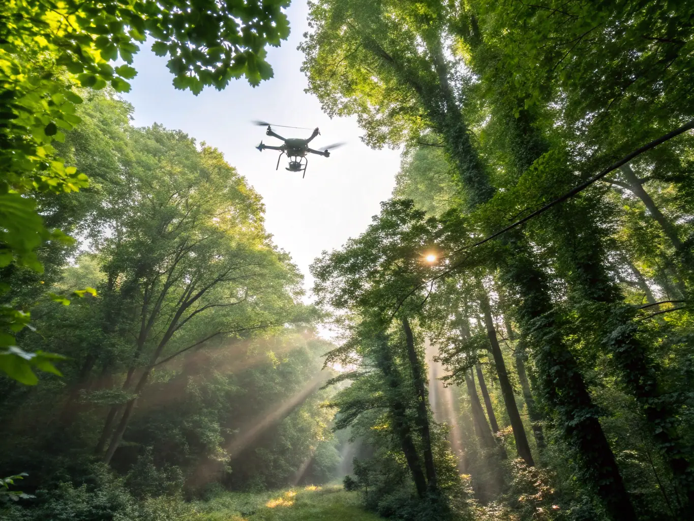 A visual representation of LiDAR technology in action, showing a drone scanning a forest canopy to create a detailed 3D model. The image emphasizes the ability to penetrate dense vegetation and capture accurate data.