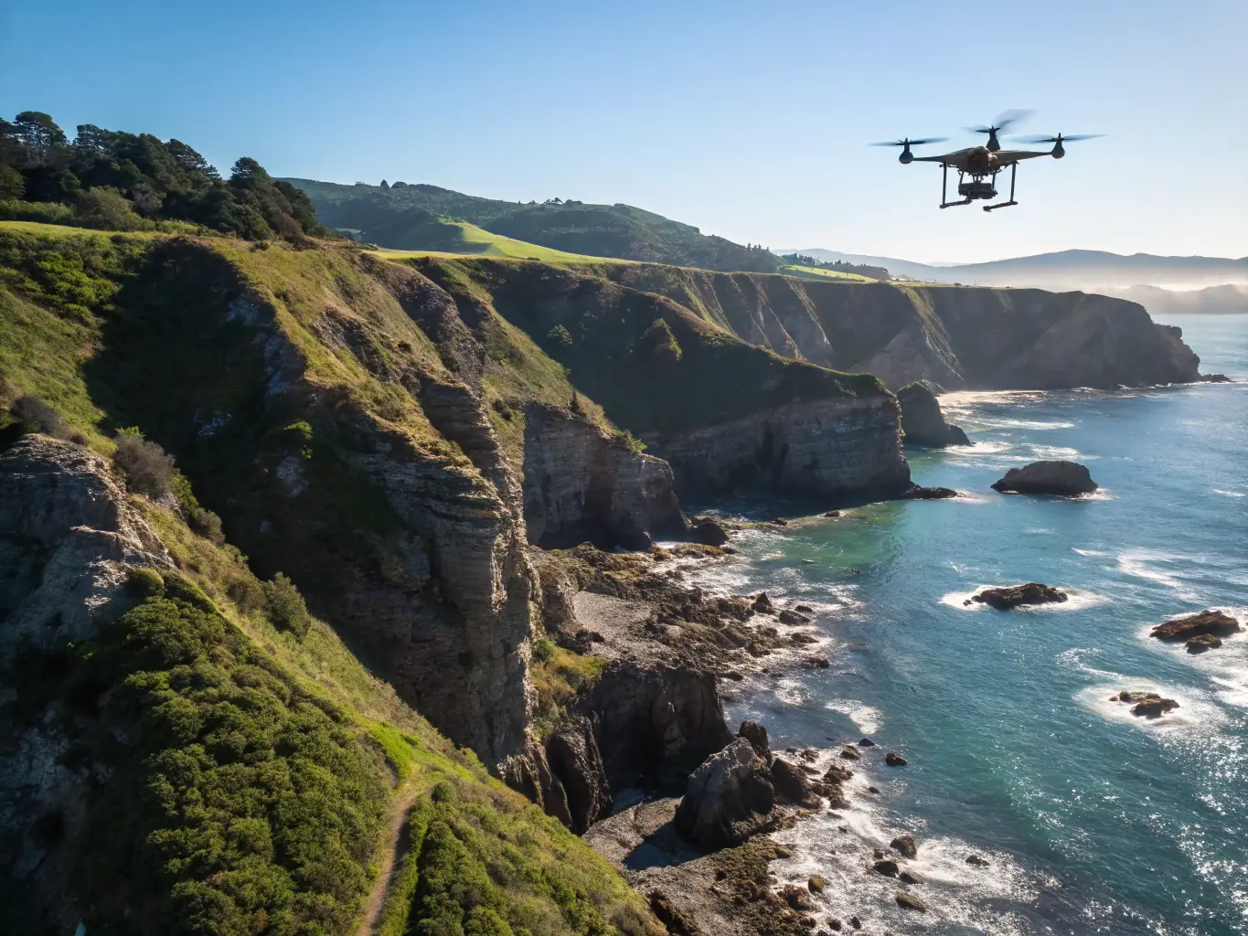 A drone equipped with advanced sensors flying over a search area, illustrating its role in creating 3D models for search and rescue operations.