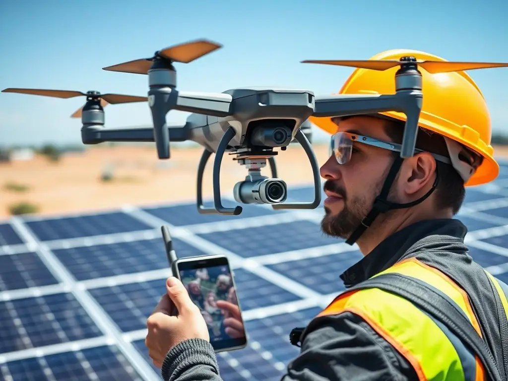 A drone inspecting a solar panel array, capturing thermal images to identify hotspots and inefficiencies, with a technician reviewing the data on a tablet in the foreground.