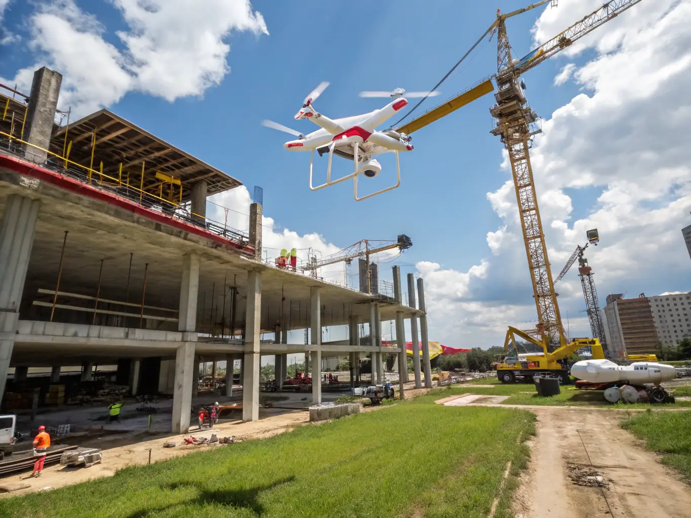 A high-resolution image of a construction site being surveyed by a drone, showcasing the detailed data capture for 3D modeling.