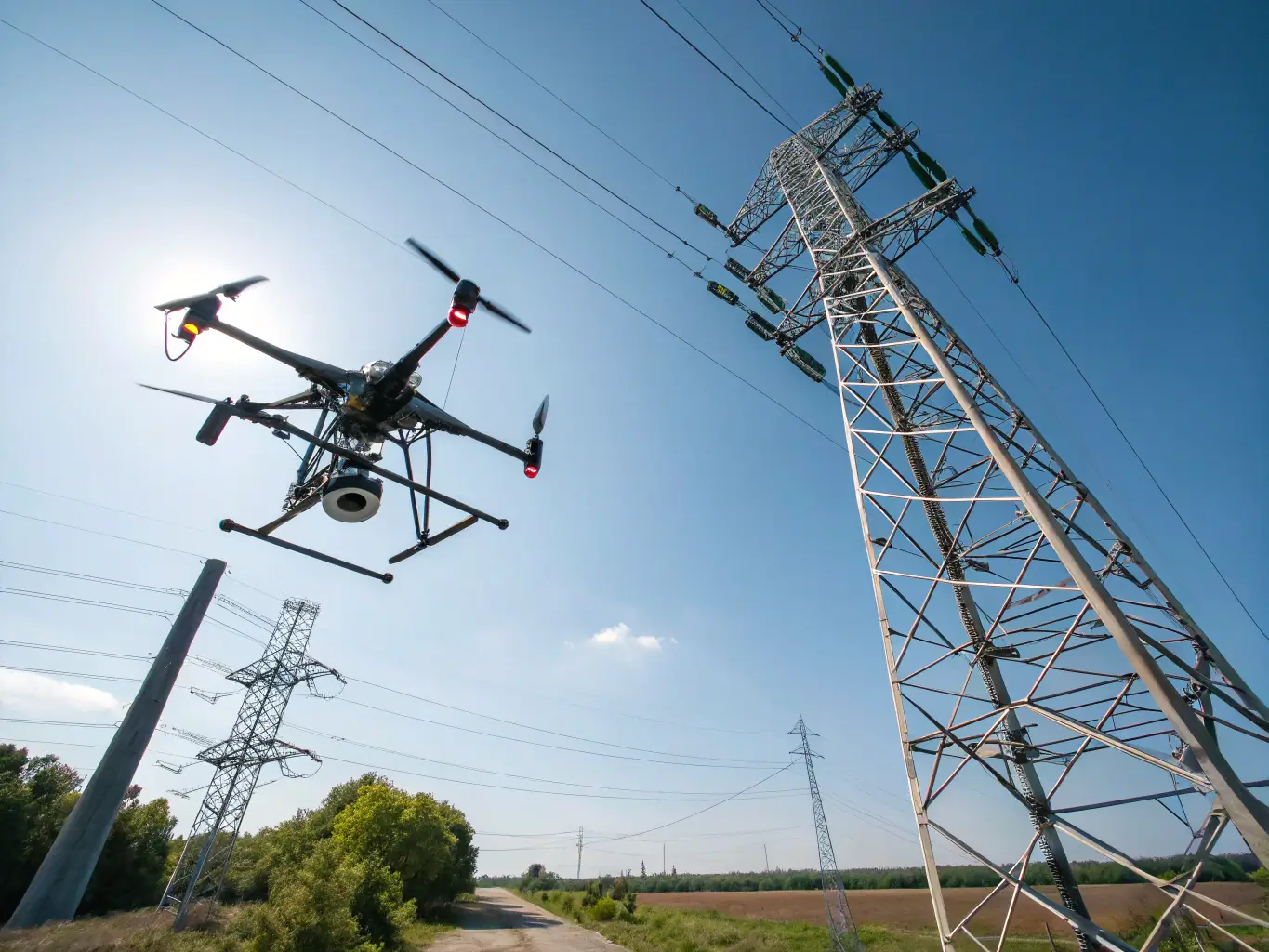 A drone equipped with high-resolution cameras inspecting a wind turbine, capturing detailed imagery of the blades and structure against a clear blue sky, showcasing the precision of TerraOptics' inspection services.